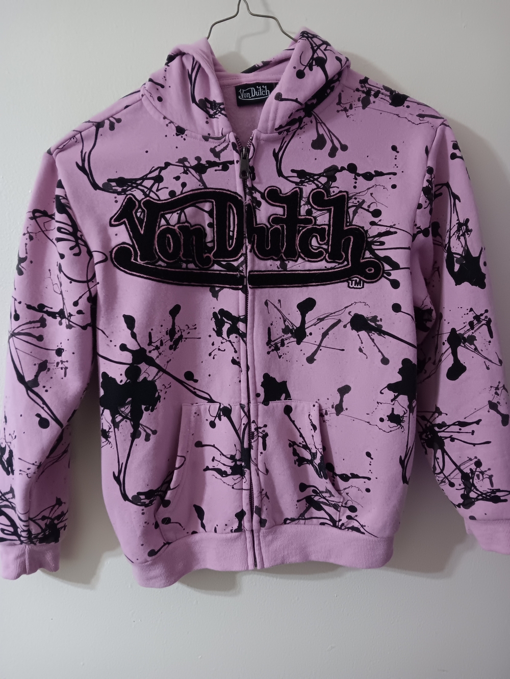 Von Dutch Lilac Pink Hooded Zip Sweatshirt with Black Splatter